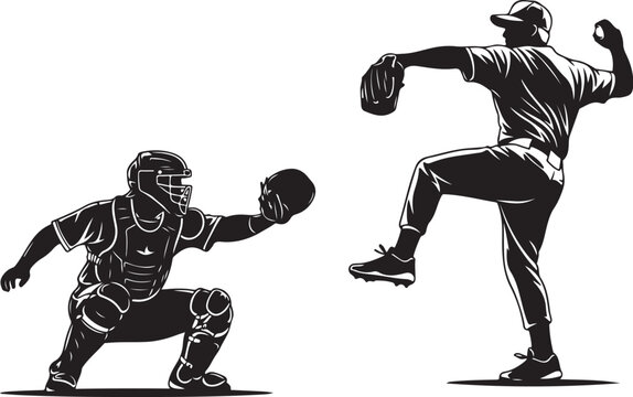 Baseball catcher and pitcher in action black and white illustration