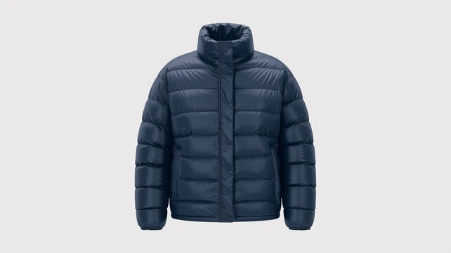 Dark blue puffer jacket with a high collar on a light gray background down jacket coat
