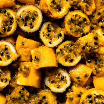 Passion fruit pulp, yellow juicy sacs with black seeds, messy and vibrant texture