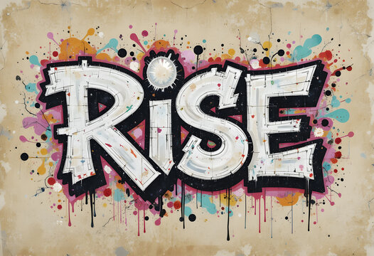 Graffiti Style Word Rise on Cracked Brown Wall with Paint Splashes