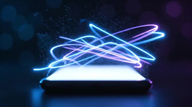 Dynamic glowing light streams swirl around a modern smartphone, symbolizing rapid data transfer, futuristic digital connectivity, and the vibrant energy of advanced technology