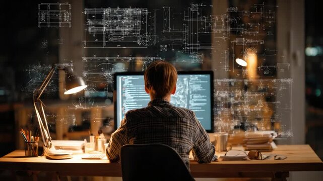 Nighttime Code Crafting: A programmer is deeply immersed in lines of code, illuminated by the glow of the monitor, architectural designs are overlaid in the background.