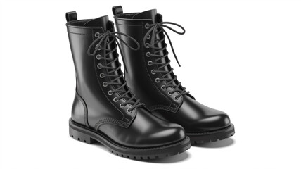 Pair of Black Leather Lace- Up Combat Boots with Thick Soles on White Background Keywords: combat boots, black boots, leather boots, lace-up boots, footwear, shoes