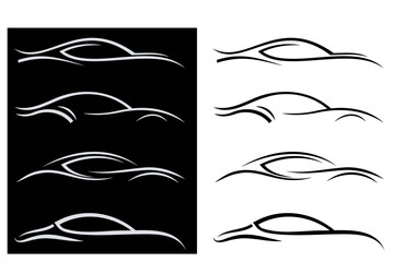 Vector illustration of sports car silhouettes set, minimalist automotive outline design isolated on black and white