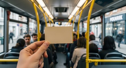 Holding a Blank Card on a City Bus With People and Urban Landscape