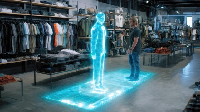 Retail Futuristic Interaction: A customer interacts with a holographic representation of himself in a retail environment, examining a personalized display. 