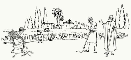 Fototapeta premium Vector drawing. Ruth and Boaz in the field
