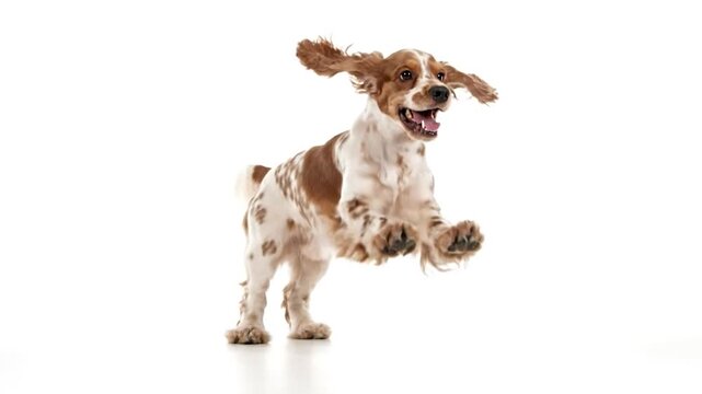 A running, happy dog with brown and white markings, set against a bright, white background