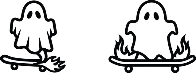ghost riding skateboard with flames  spooky halloween icons © Saidurra12