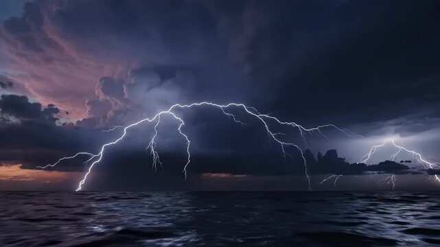 Intense lightning storm over dark ocean waves