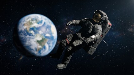Astronaut Floating in the Vastness of Space Near Planet Earth