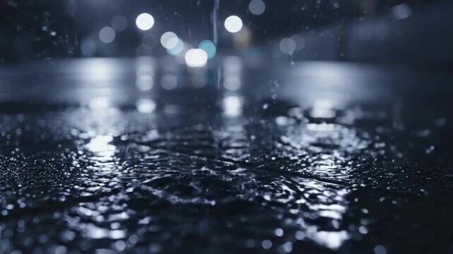 A moody image of raindrops falling on wet pavement at night.  Perfect for illustrating themes of solitude, reflection, or urban life, especially in bl