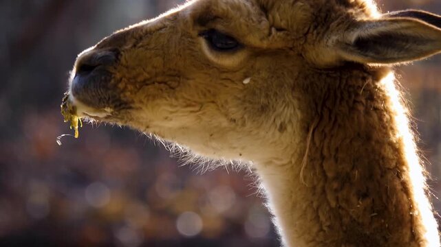 Close up of a vicuna head chewing on a fruit and dripping around on a sunny autumn day