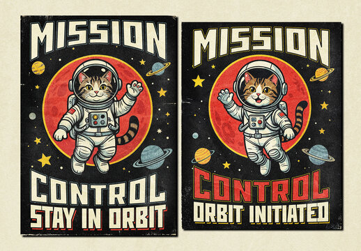 Retro Astronaut Cat Space Poster Layout Set