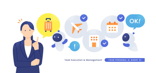 目標を共有する女性。タスクを実行するAI。出張手配を自律的に行うAIエージェントのイラスト素材。