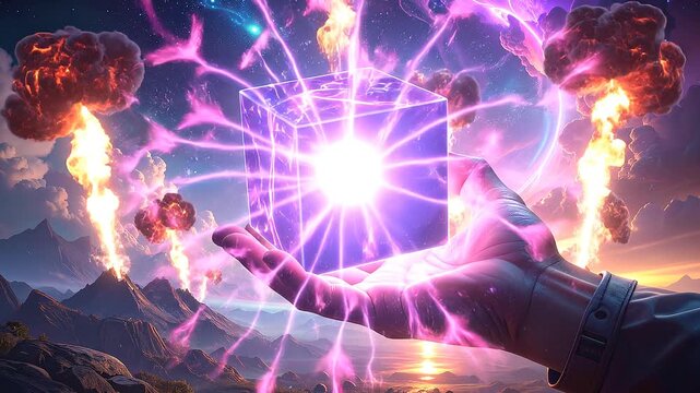 mano che regge in primo piano un cubo di plasma che sprigiona fasci di energia, con sullo sfondo un ambiente naturale di fantasia ed un cielo stellato e parzialmente nuvoloso