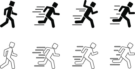 Running person icon set featuring black silhouettes and outlined figures with motion lines, symbolizing speed, activity, exercise, and fitness for sports, health, and design projects.