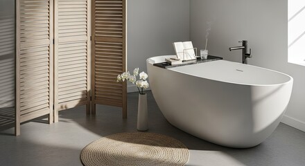 Modern bathroom interior design with bathtub screen and decorative elements