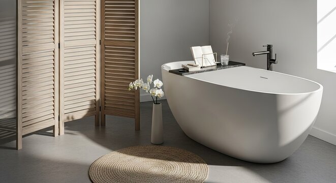 Modern bathroom interior design with bathtub screen and decorative elements