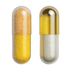 Comparison of two different types of capsule pills with distinct color coatings. isolated on transparent background