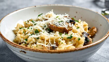 Delicious Mushroom Risotto Topped with Grated Parmesan Cheese and Fresh Parsley.