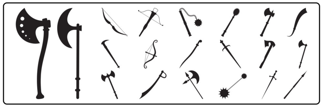 Black Silhouette Set of Ancient and Medieval Weapons Icons