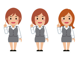 Obraz premium ナンバーワンポーズをするグレー事務服の若い女性