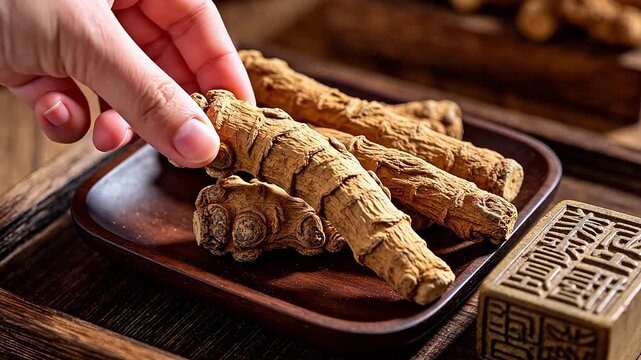 Dried ginseng roots on wooden tray