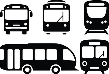 Bus, tram and metro train silhouette vector set isolated on white background, public transport vehicle icon collection