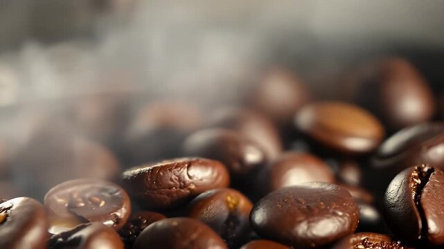 Macro cinematic shot glossy espresso beans rotating roaster showcasing dark oily finish premium coffee ultra HD