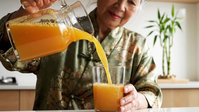 A serene senior woman, adorned in a lovely patterned robe, carefully pours a vibrant, golden orange beverage from a clear glass pitcher into a drinking glass on a clean kitchen counter. The gentle str