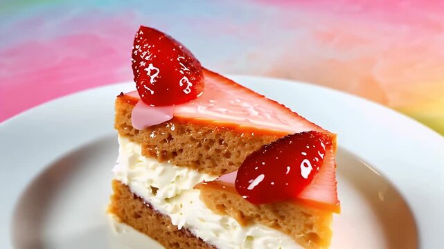 A delightful slice strawberry shortcake layers whipped cream fresh pink sponge sits vibrant lighting Topped juicy red strawberries scene is cheerful colorful appetizing perfect dessert branding