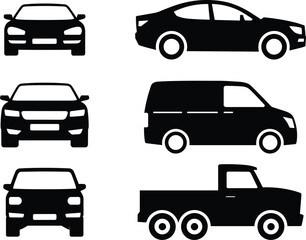 Car, van and pickup truck silhouette vector set isolated on white background, front and side transportation vehicle illustration collection