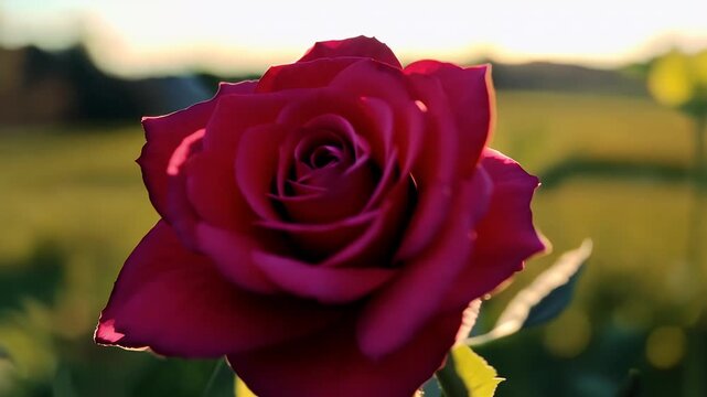 Single red rose stands bathed sunlight against blue sky green grass symbolizing timeless love hope radiant K romance promos greeting card