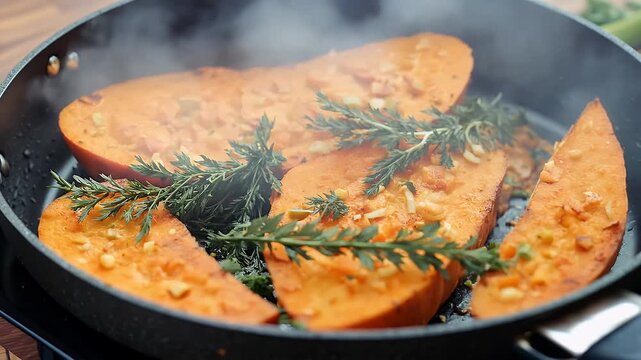 Seasoned sweet potato wedges sizzle steam baking sheet their rich orange hue bs vivid delicious K top down shot perfect recipe videos healthy food