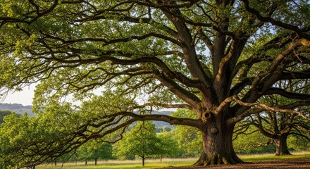 Obraz premium Majestic oak tree with spreading branches in sunny outdoor landscape