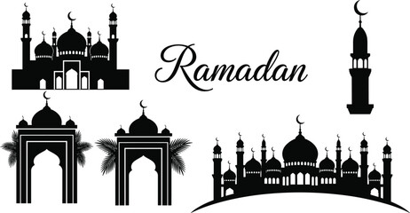 Black and white ramadan featuring mosques and minarets with the word ramadan in cursive script islamic architecture © MstFerdausi