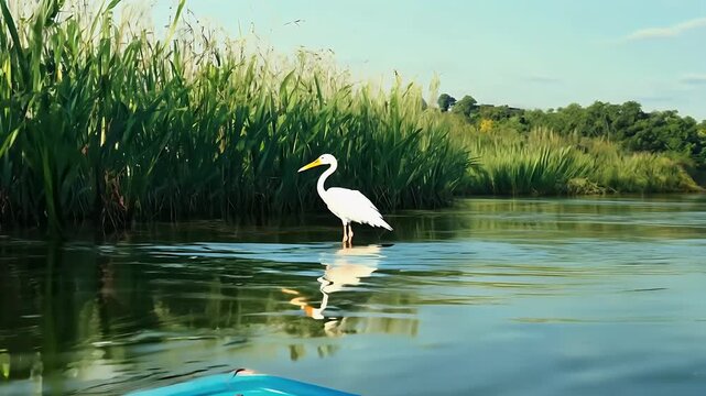 Graceful stork stalks through reed marsh hunting frogs water shimmering captured from boat perspective cinematic K ideal wildlife docs biodiversity PSAs