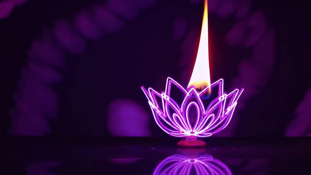 Celebrate Diwali digitally spinning three neon diya lamp radiates rose lavender hues lotus base reflecting endless four K loop ideal festival greetings cultural