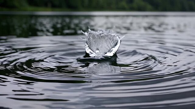 Gentle drizzle dimples lake surface peaceful concentric ripples forming forested shoreline blurs emerald haze soothing four K loop perfect relaxation streams eco backgrounds contemplative