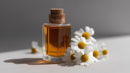 Generative AI, Amber glass bottle and daisy flowers with large copy space