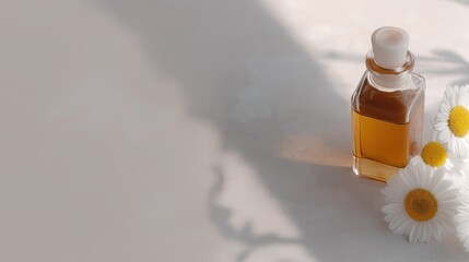 Generative AI, Amber glass bottle and daisy flowers with large copy space