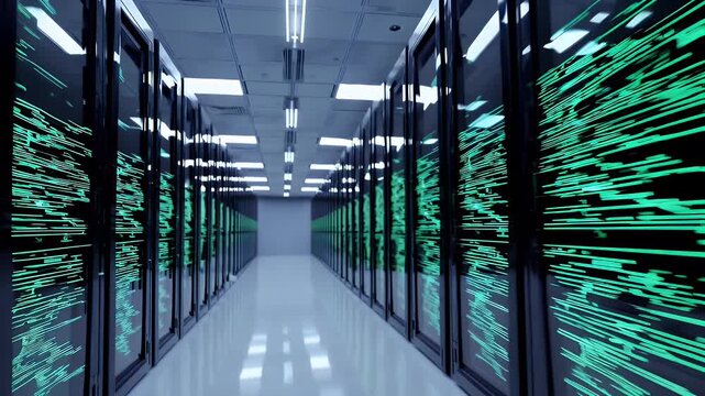 Experience cinematic dolly shot through 4K data center glowing green lines flowing information depicting high speed network connections secure server storage