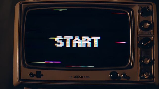 Chunky glitch type words &ldquo;GET READY START&rdquo; stutter smear jump amid rainbow scan lines battered cathode screen evoking retro arcade anticipation authentic VHS noise seamless video UHD
