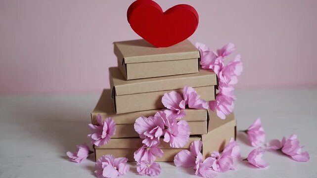 Tower gift boxes crowned velvet heart surrounded rosy petals pink tabletop rich K romantic still suited to Valentine&rsquo;s nubes top stack box pink flower concept love affection valentine present holiday