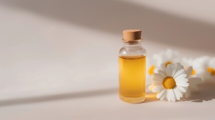 Generative AI, Amber glass bottle and daisy flowers with large copy space