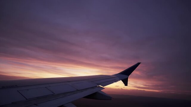 AI generated seamless video 4K animation simulating flight view from plane window showing golden sunset light reflecting off distant clouds creating dreamlike airborne travel