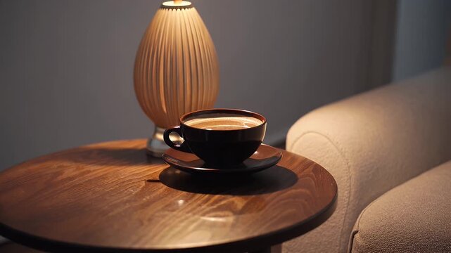 soothing 4K video steaming mug placed side table illuminated soft lamp evening creating gentle ambiance suitable cozy home scenes relaxing