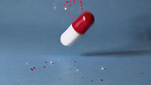 animated stop motion red white capsule bursting open mid air releasing floating particles symbolizing pharmaceutical innovation health concepts creative 4k medical motion graphic design