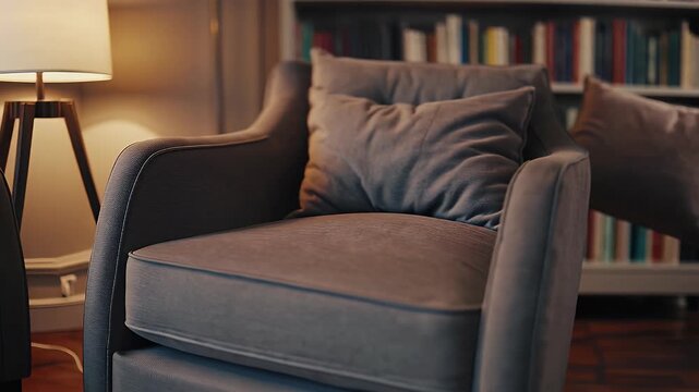 4K animation elegant home library corner featuring tall bookshelf filled books inviting armchair warm ambient lamp light perfect cozy interior design video